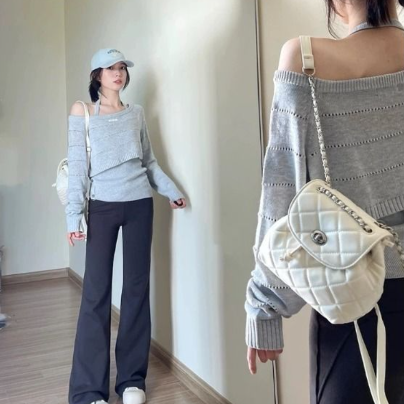 韓系設計感掛脖背心+針織上衣兩件組 鏤空短版層次穿搭款