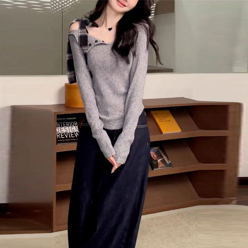 溫柔法式綁帶 斜肩一字領修身針織上衣 早秋顯瘦長袖內搭T恤