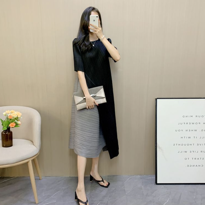 簡約 ‧ 三宅褶皺拼色連身裙 長袖款/五分袖款