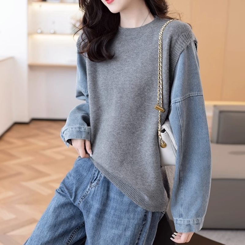 牛仔袖拼接假兩件針織上衣 寬鬆剪裁 秋冬百搭款