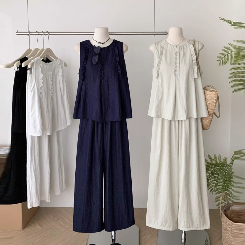 韓系木耳邊背心＋寬褲兩件式套裝 寬鬆修身顯瘦款 大尺碼友善版型