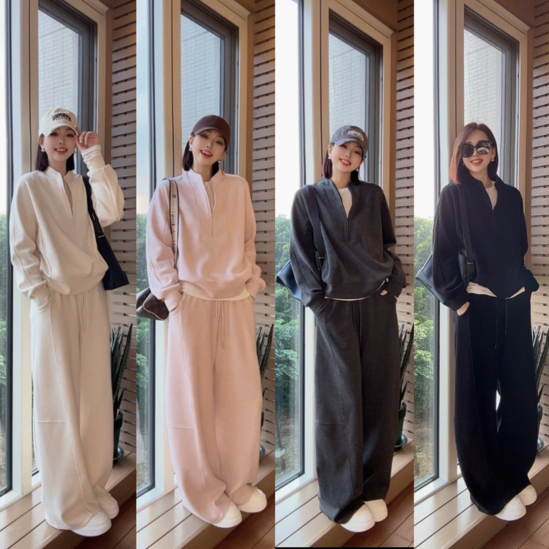 兩件套 新款高級感半拉鏈套裝 顯瘦遮肉休閒寬鬆兩件套