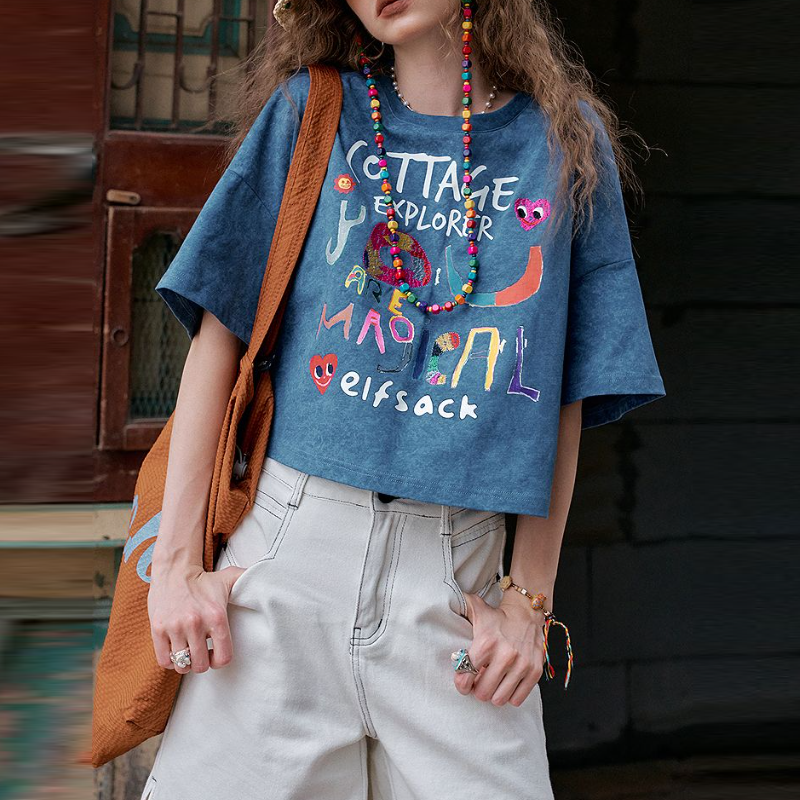 塗鴉字母印花短袖T恤 寬鬆短版休閒款