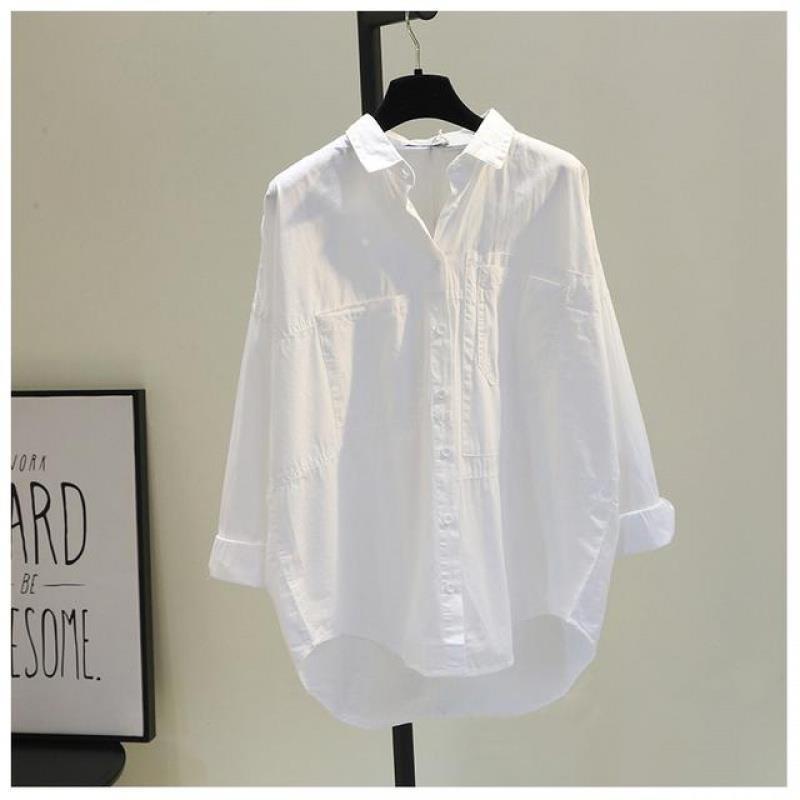 韓系寬鬆雙口袋棉質襯衫 文青休閒風 前短後長白色長袖上衣