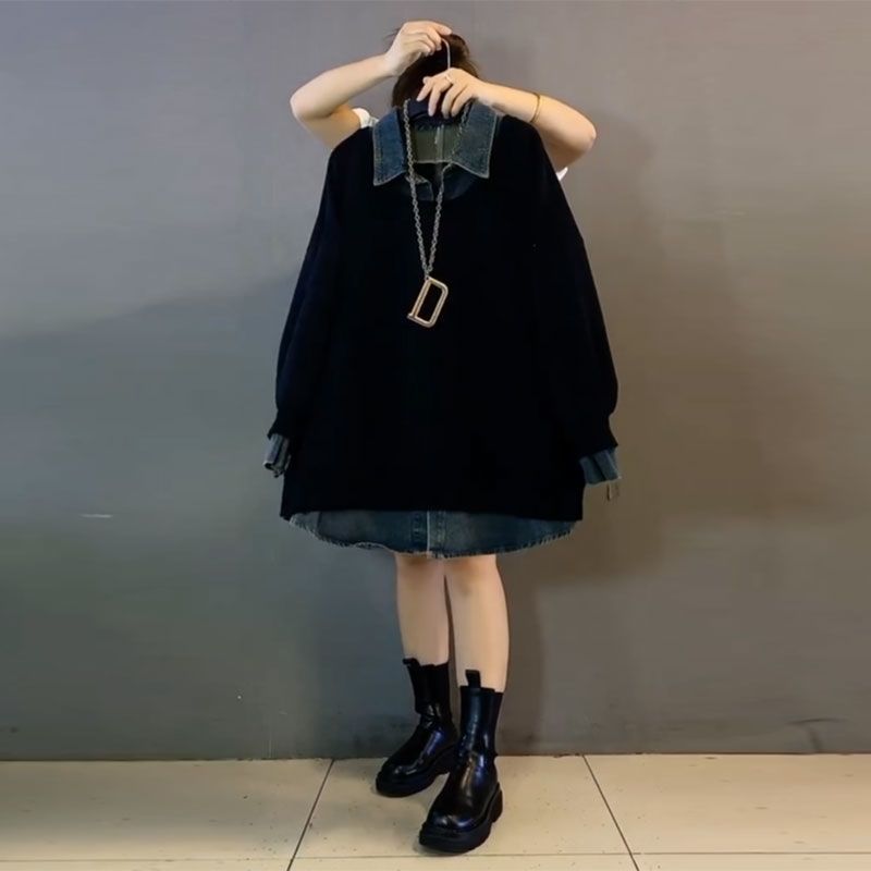 大尺碼牛仔領拼接大學T 休閒寬版POLO領上衣 遮肉顯瘦