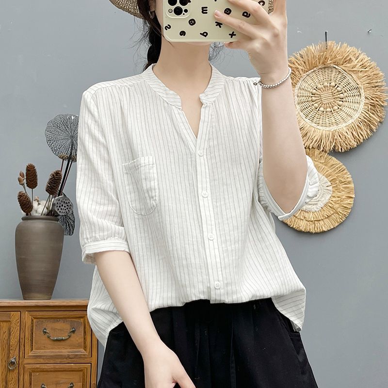 碎花雙層棉紗襯衫 中袖設計 寬鬆舒適 文青風上衣