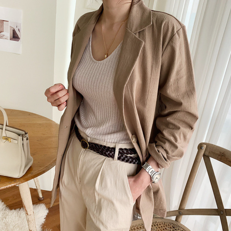 早秋韓國棉麻西裝外套 寬鬆英倫風小西服