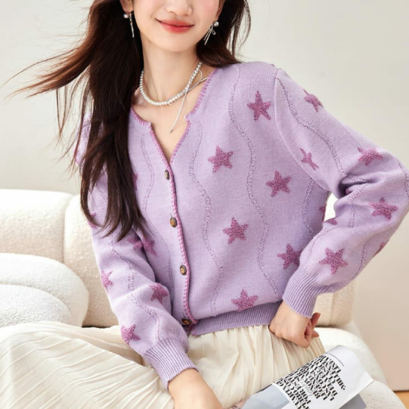 春秋溫柔紫圓領針織衫上衣