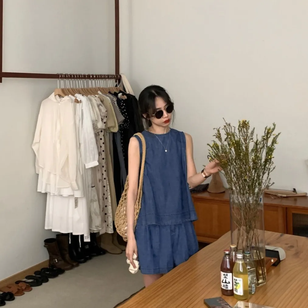 牛仔顯瘦組合 冰氧牛仔抗熱背心+高腰短褲 兩件減齡兩件套