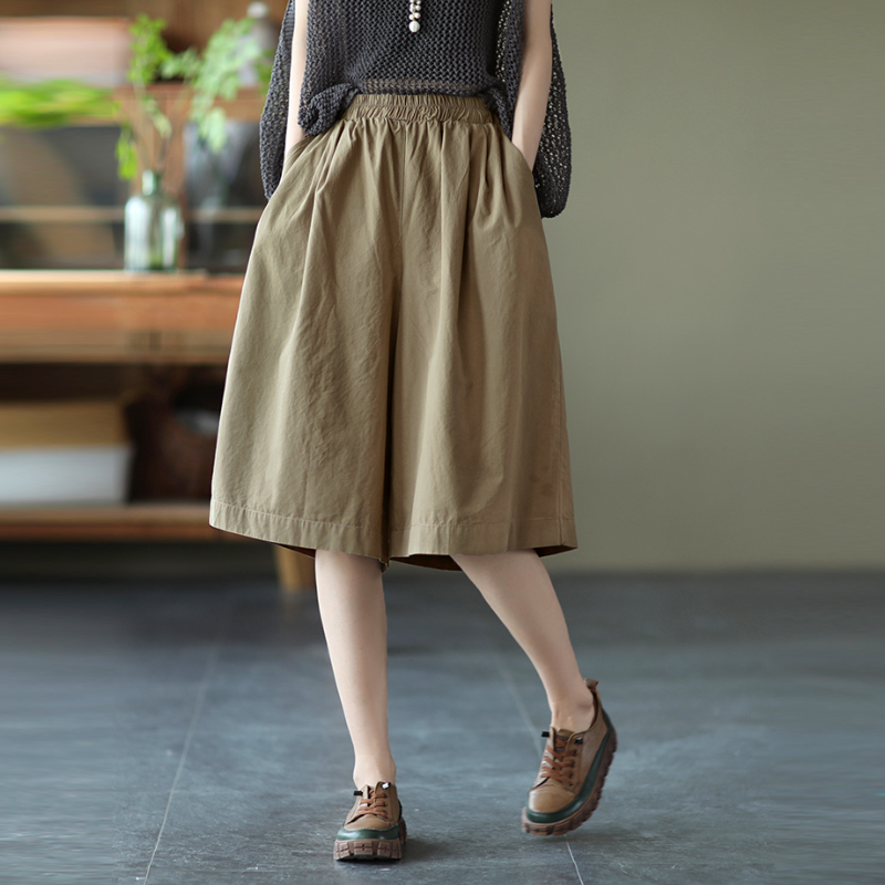 純棉寬版中長褲 鬆緊腰設計 文青休閒風