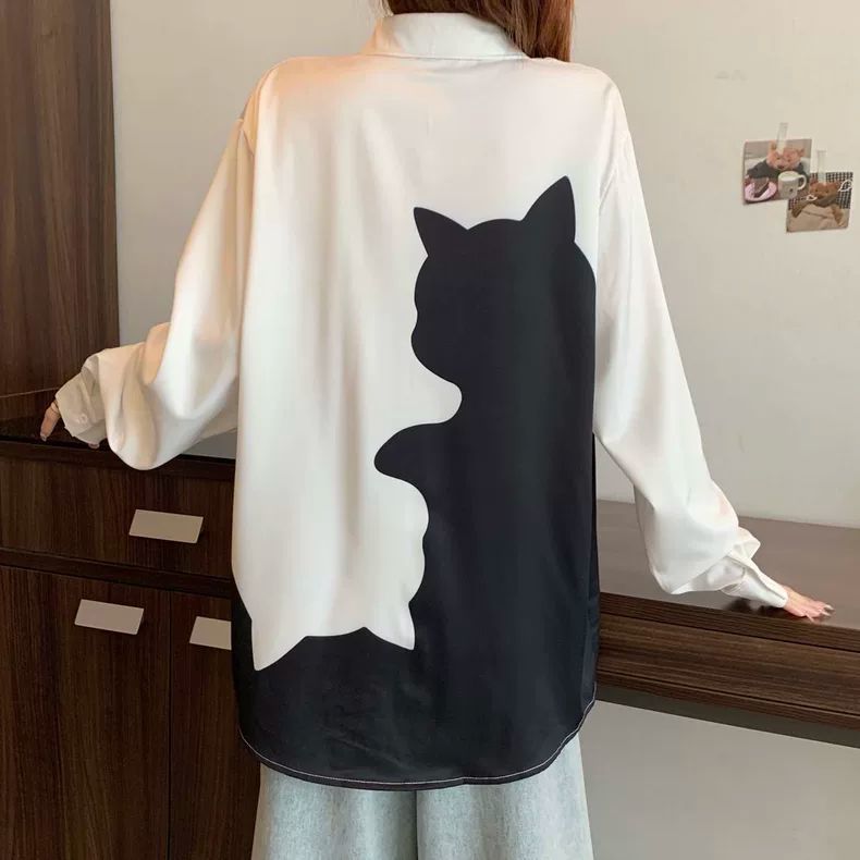 大尺碼貓咪印花襯衫 長袖寬鬆版 顯瘦遮肉（黑/白）