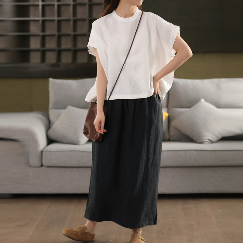 夏季亞麻短袖上衣 文青復古風寬鬆T恤襯衫 遮手臂顯瘦百搭款