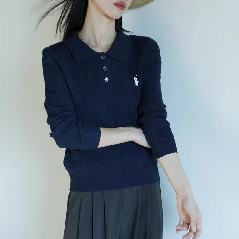 復古灰色翻領刺繡針織衫 通勤麻花毛衣顯瘦上衣