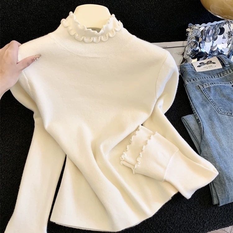 木耳邊半高領針織上衣 素色百搭設計 秋冬修身毛衣