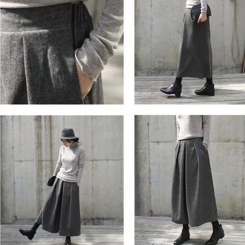 秋冬毛呢寬版裙褲 鬆緊腰九分休閒寬褲