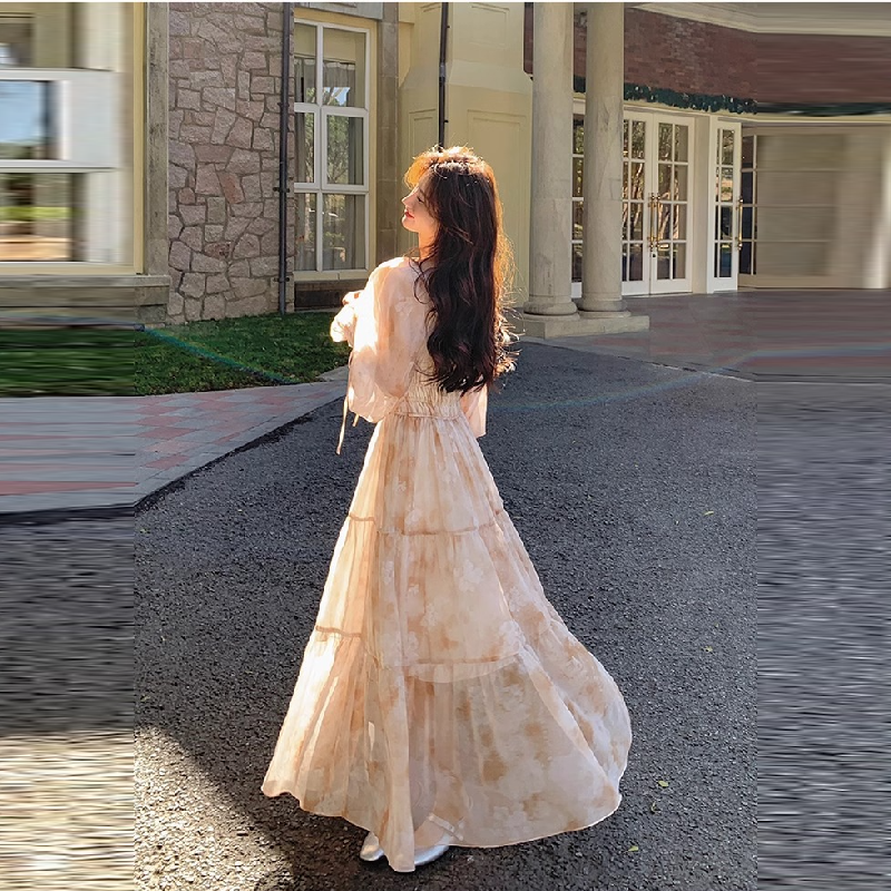 飄逸雪紡法式方領泡泡袖長洋 碎花初戀風顯瘦雪紡裙