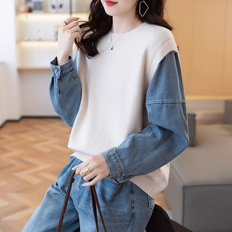 牛仔袖拼接假兩件針織上衣 寬鬆剪裁 秋冬百搭款