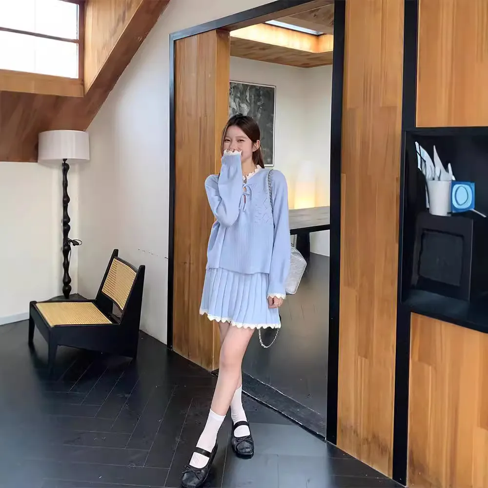 溫柔系針織套裝 蝴蝶結織紋上衣＋百褶裙 兩件式 顯瘦減齡