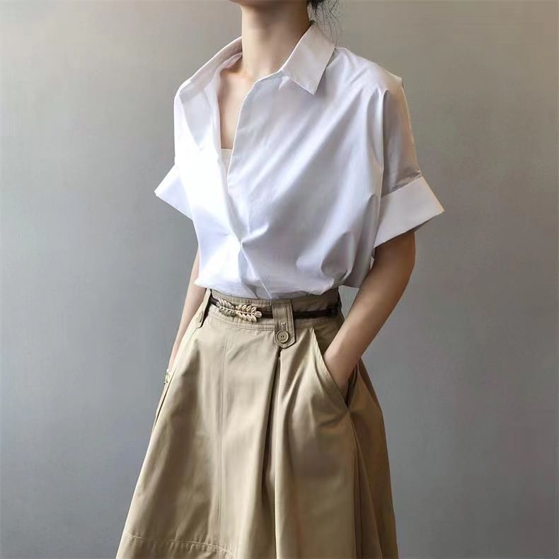 復古夏日V領 蝙蝠袖 通勤顯瘦寬鬆氣質襯衫