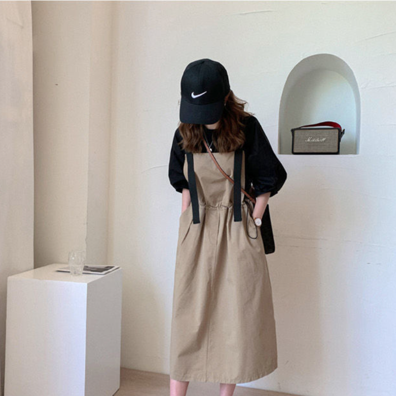 韓版寬鬆背帶裙兩件套-顯瘦收腰設計连身裙 泡泡袖花苞上衣