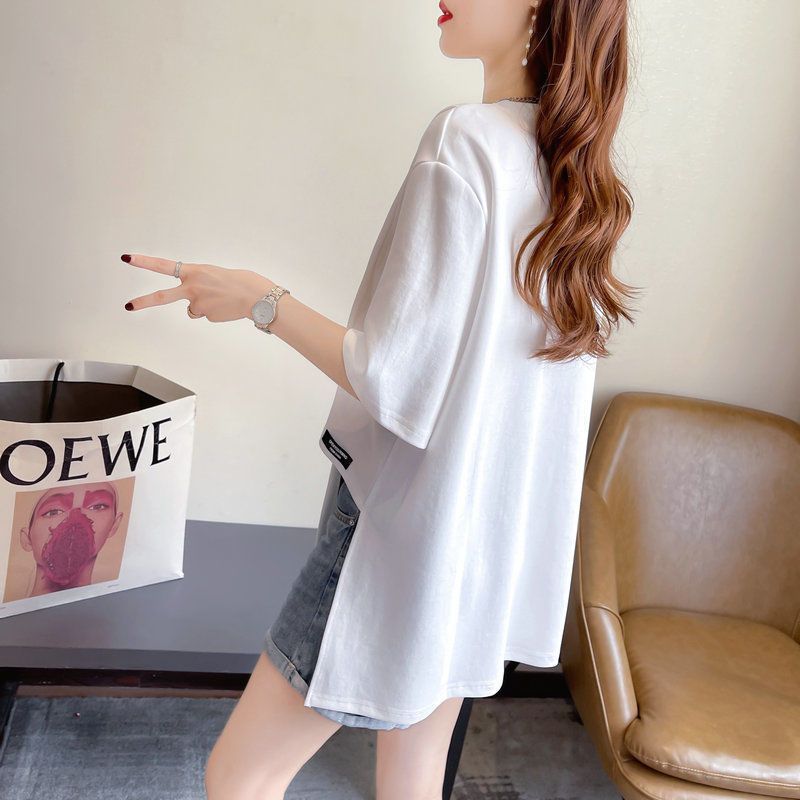 大尺碼字母不對稱開衩短袖T恤 棉花糖女孩寬鬆顯瘦上衣