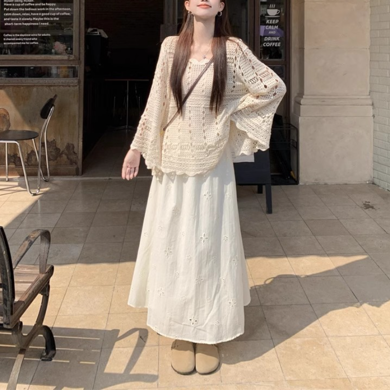 【單品可選】溫柔風兩件式套裝 鏤空長袖上衣+半身長裙 氣質減齡