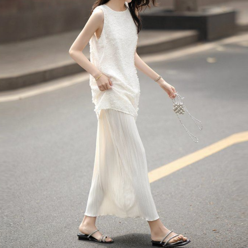 假日風層次拼接無袖洋裝 立體剪花上身 壓褶長裙 長版 氣質顯瘦