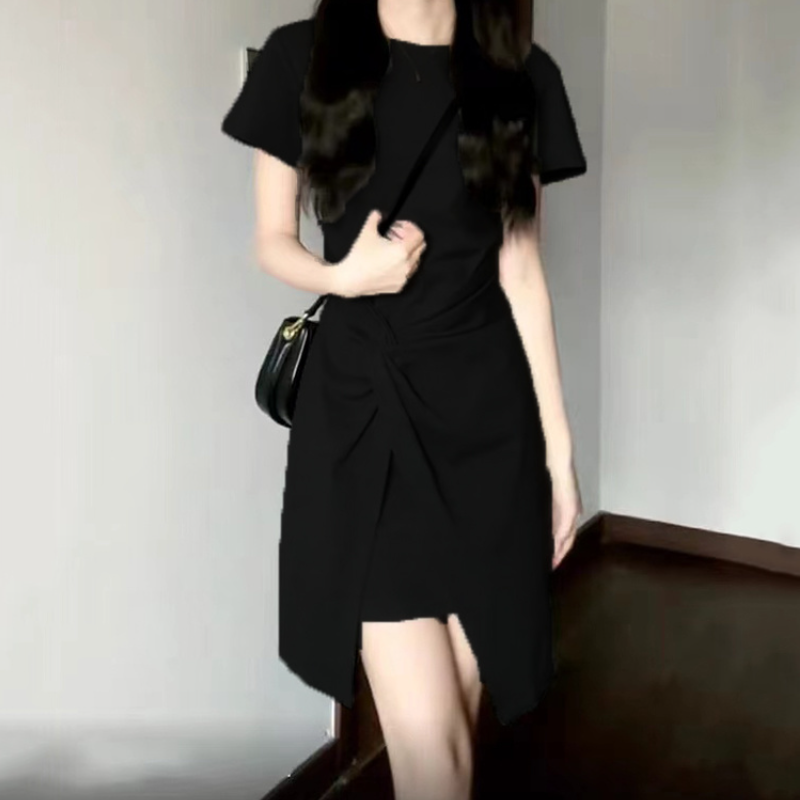 法式氣質收腰短袖連身裙 小眾設計圓領短裙