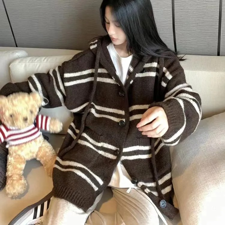 韓國時尚慵懶風條紋連帽針織外套 寬鬆剪裁 秋冬百搭款