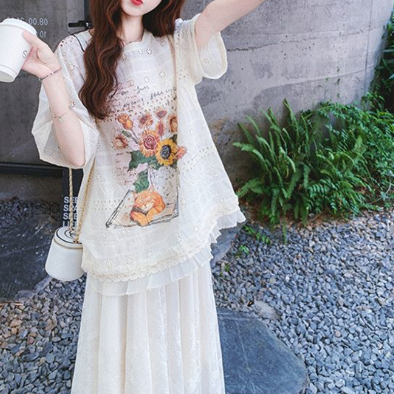 印花蕾絲上衣＋長裙套裝 刺繡細節 氣質優雅兩件式洋裝感穿搭