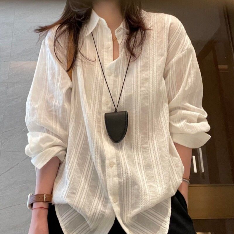 通勤防曬白襯衫 韓系寬鬆長袖罩衫
