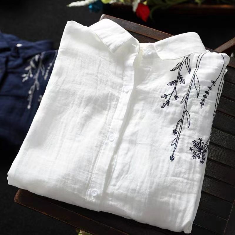 多層次外罩襯衫 微光澤棉麻刺繡上衣 熟齡顯瘦藏肉神器 獨家版型 抗皺透氣閨蜜親子裝穿搭