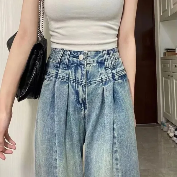 復古 高腰顯瘦 寬鬆 直筒 設計感 垂感 拖地褲 牛仔褲