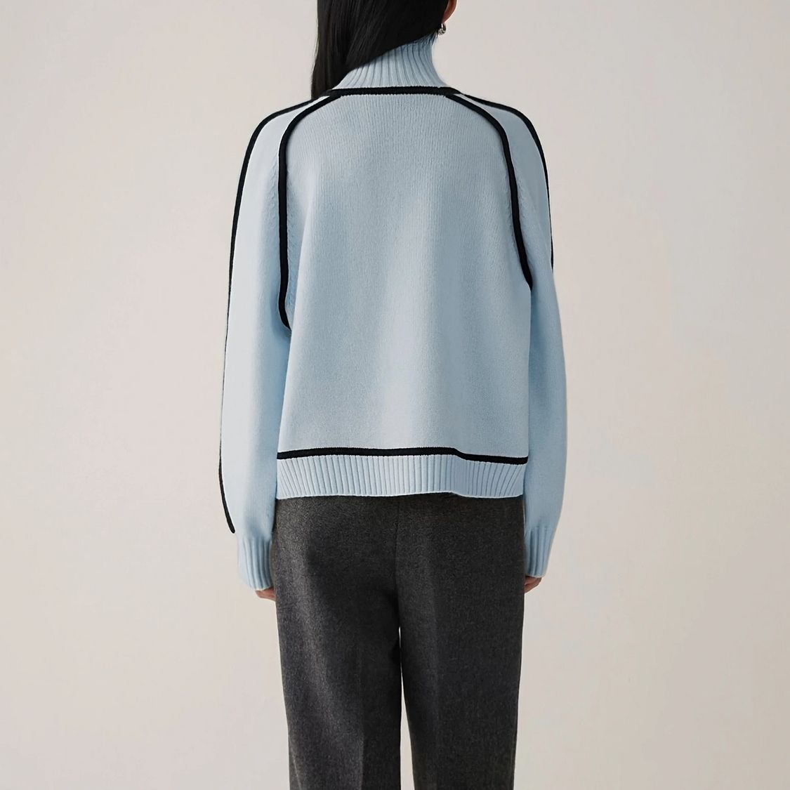 高領插肩針織毛衣 法式感燈籠袖 滾邊設計 寬鬆版型