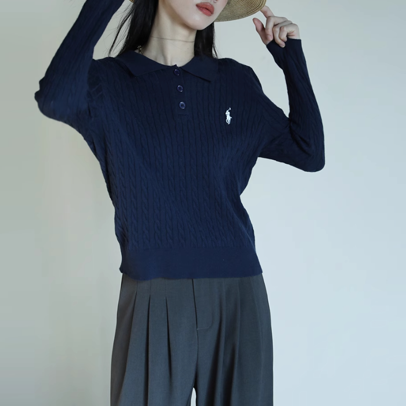 復古灰色翻領刺繡針織衫 通勤麻花毛衣顯瘦上衣