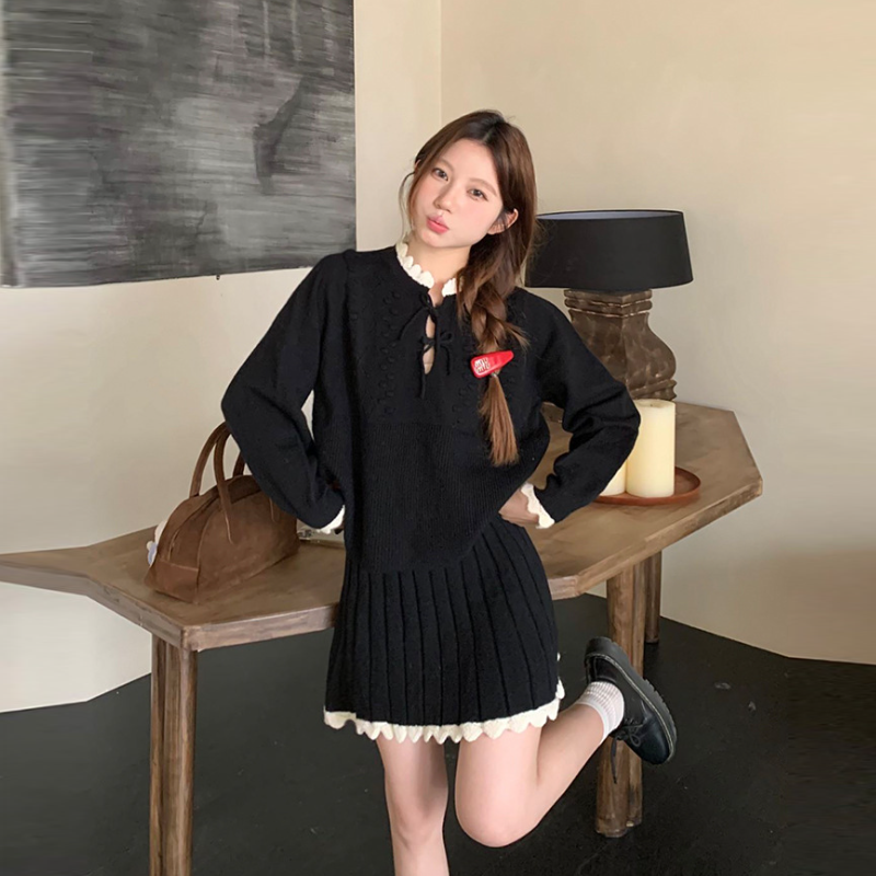 溫柔系針織套裝 蝴蝶結織紋上衣＋百褶裙 兩件式 顯瘦減齡