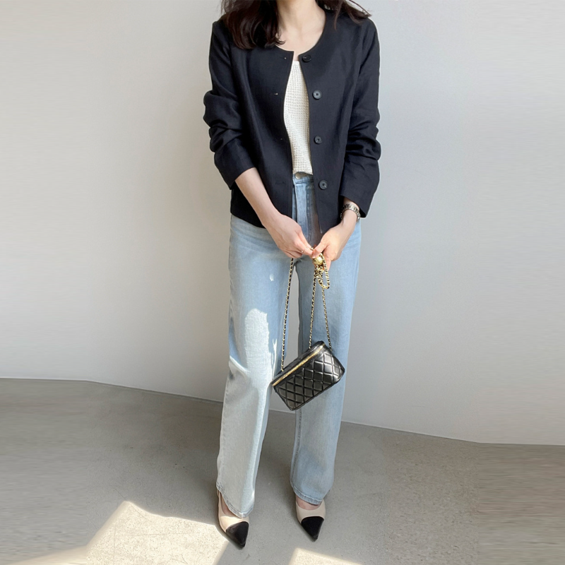 韓系棉麻薄外套 長袖開襟 圓領小西裝版