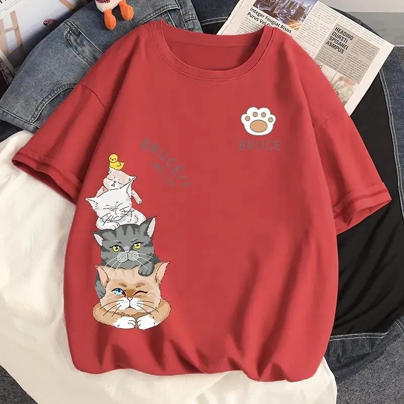 純棉萌貓印花短袖上衣-夏季寬鬆好搭 輕鬆休閒風