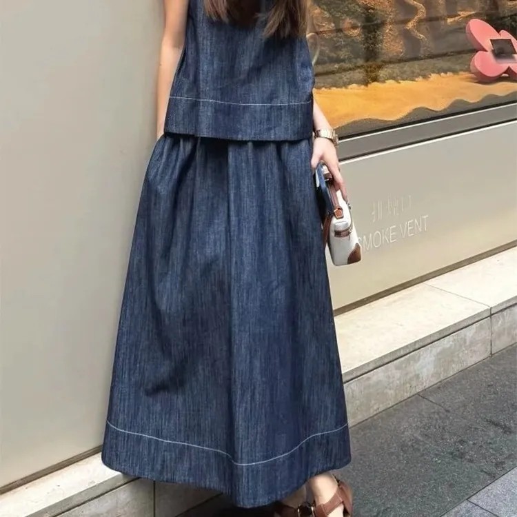 牛仔顯瘦組合 冰氧牛仔抗熱背心+高腰短褲 兩件減齡兩件套