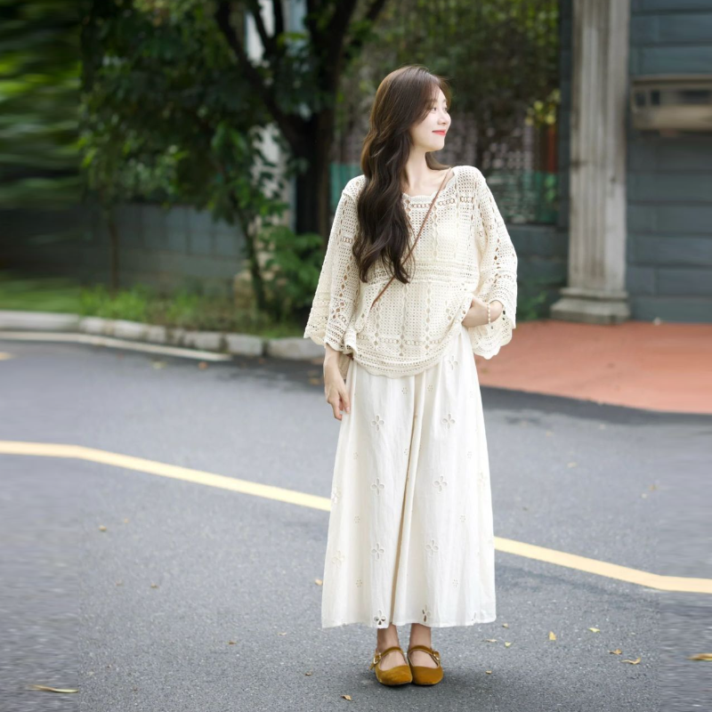 【單品可選】溫柔風兩件式套裝 鏤空長袖上衣+半身長裙 氣質減齡