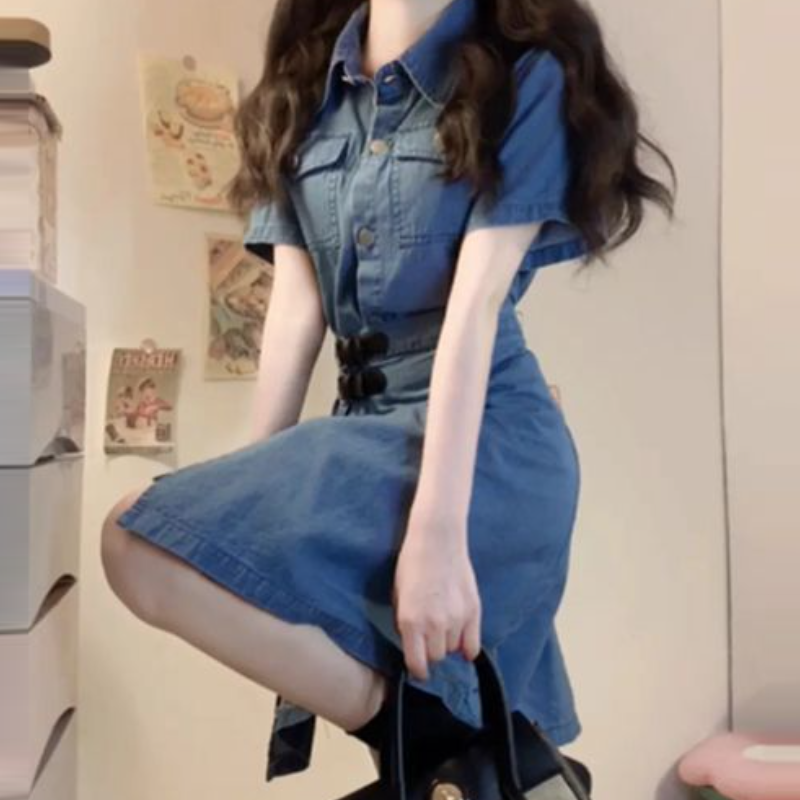 大尺碼牛仔襯衫洋裝 二合一拼接 收腰顯瘦（短版／長版可選）