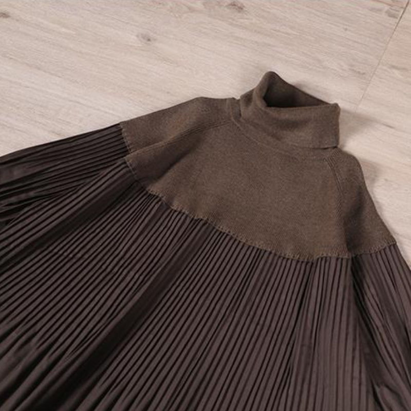 高領針織拼接百褶上衣 寬鬆剪裁 素色氣質 秋冬百搭