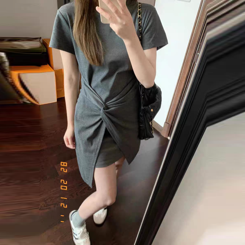 法式氣質收腰短袖連身裙 小眾設計圓領短裙