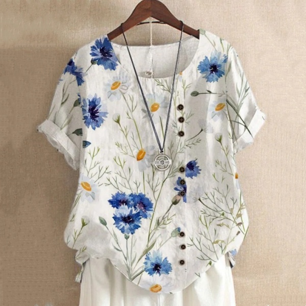 印花復古棉麻短袖T恤 寬鬆休閒短袖襯衫