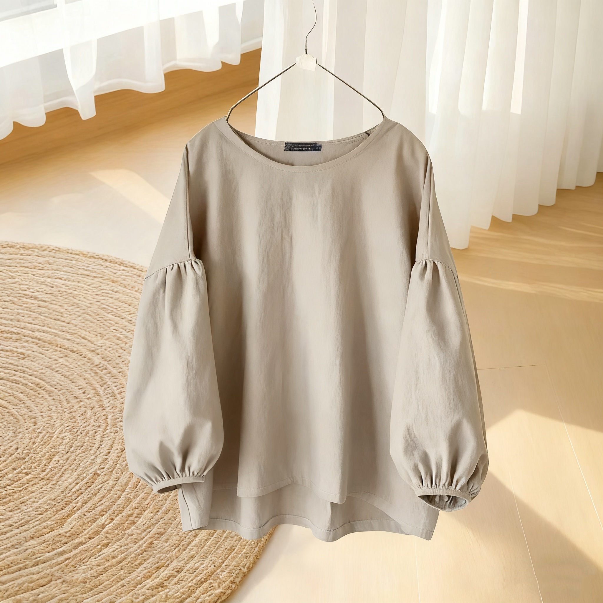 S-4XL/文青風寬鬆素面圓領長袖澎袖上衣 泡泡袖襯衫