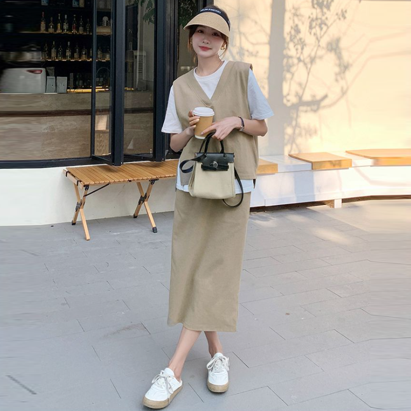 設計感兩件式套裝 V領拼接短袖T恤 配高腰中長裙 成套穿搭 顯瘦有型