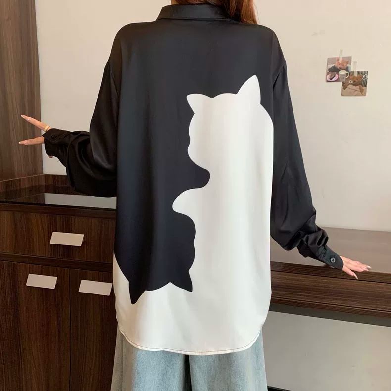 大尺碼貓咪印花襯衫 長袖寬鬆版 顯瘦遮肉（黑/白）