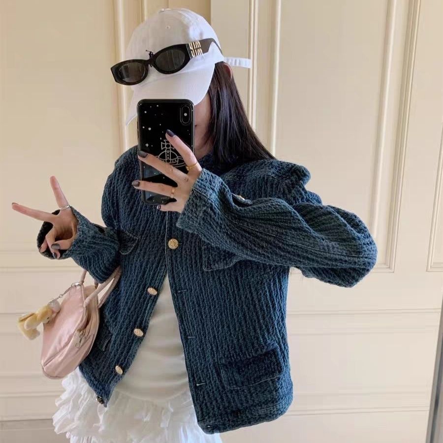 小香風丹寧短版外套 立領金釦 藍色復古感 外搭