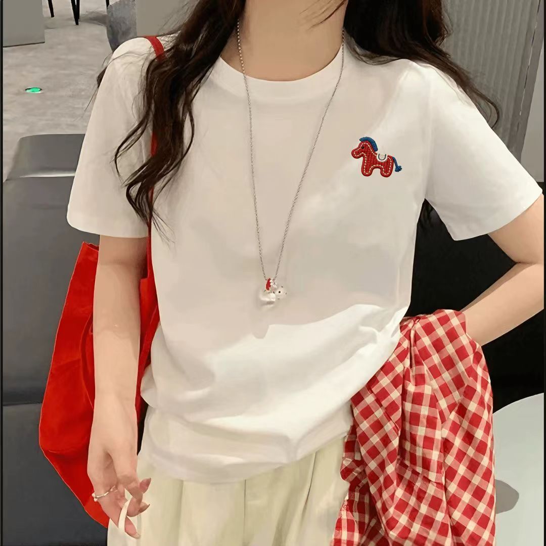 S-4XL純棉小馬刺繡短袖T恤 正版型簡約百搭酒紅上衣