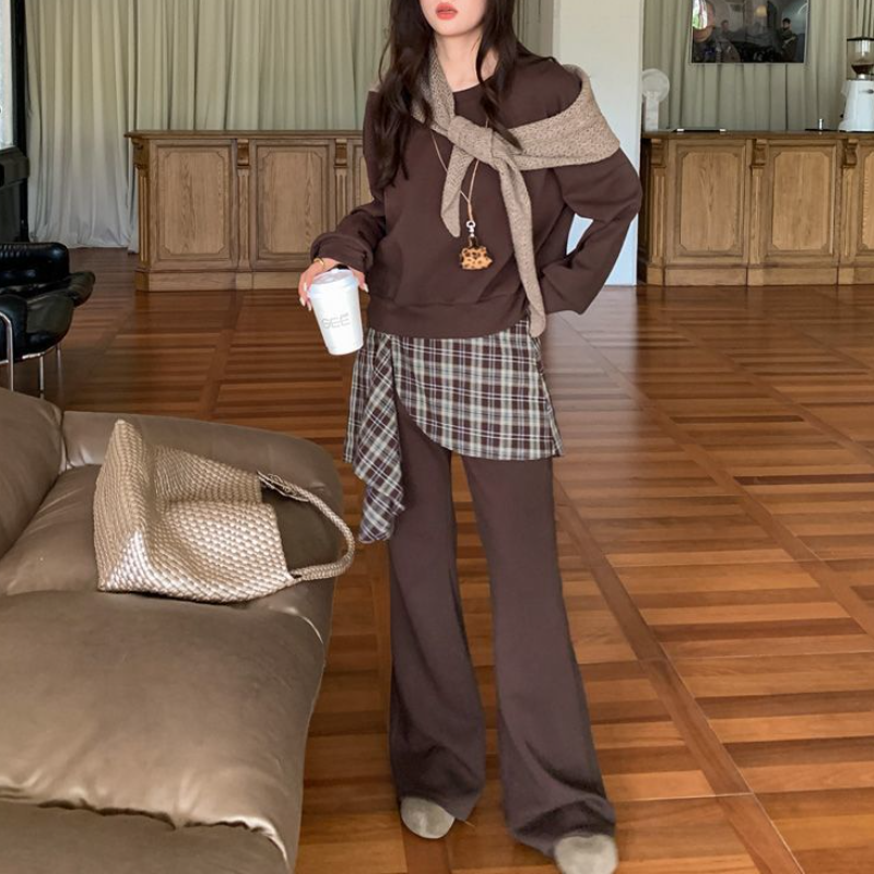 兩件式休閒套裝 長袖上衣＋高腰寬褲（拼接設計）